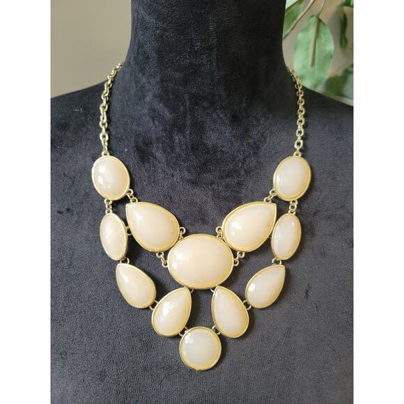 Women Statement Bib Necklace Teardrop Oval Gemstone Gold Chain Lobster Lock - Picture 1 of 6